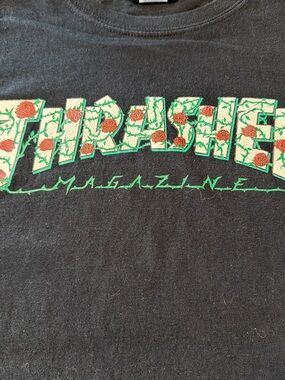 Thrasher Black Tee with Green Rose-Pattern Logo